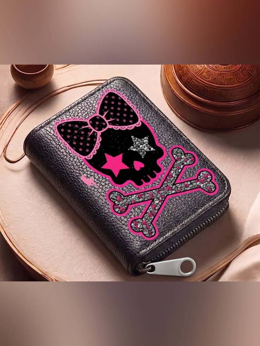 Black & Pink Skull Crossbones Zip Wallet